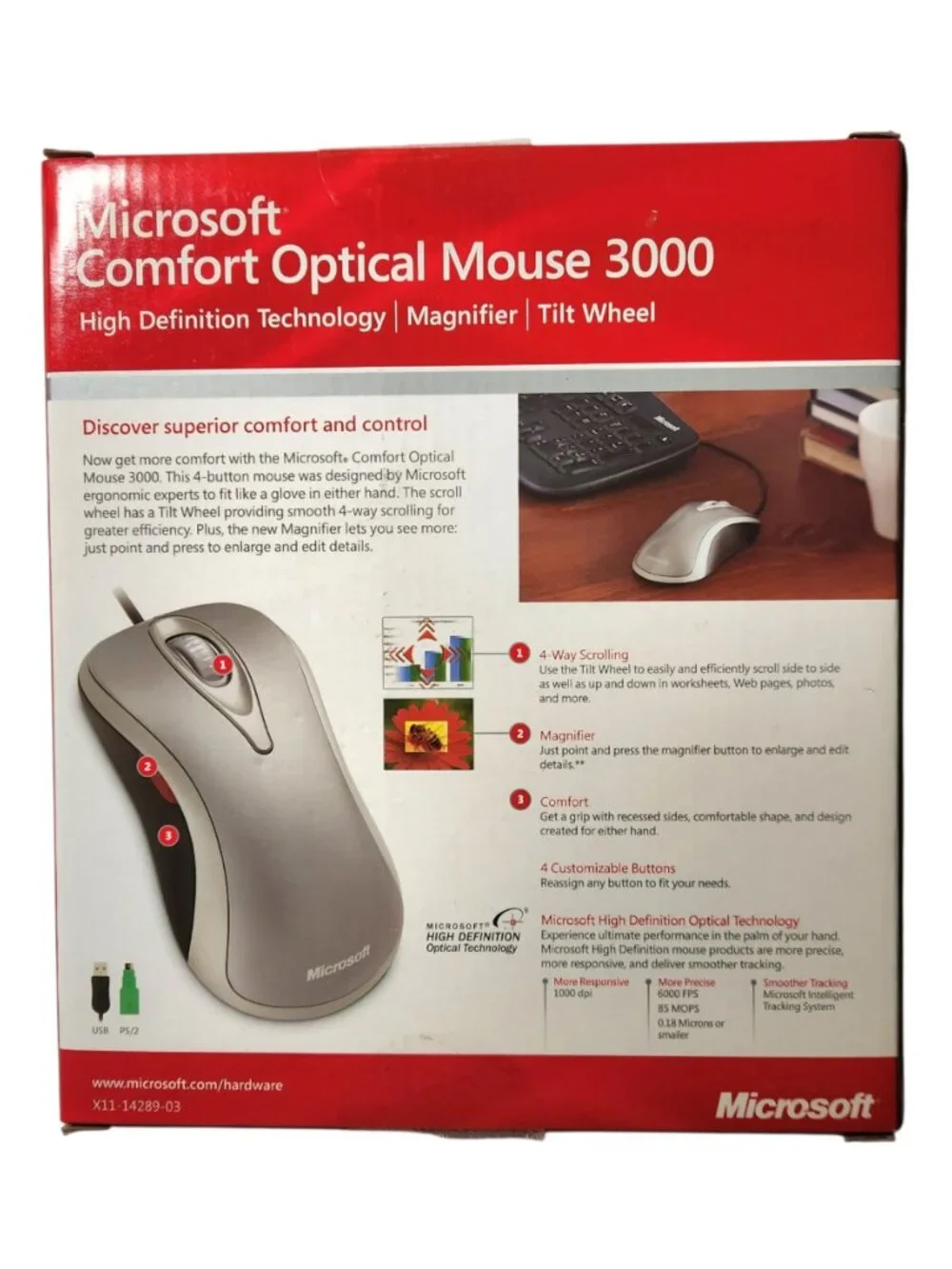 Microsoft Comfort Optical Mouse 3000 Wired 5-Button Silver Gray Black Magnifier